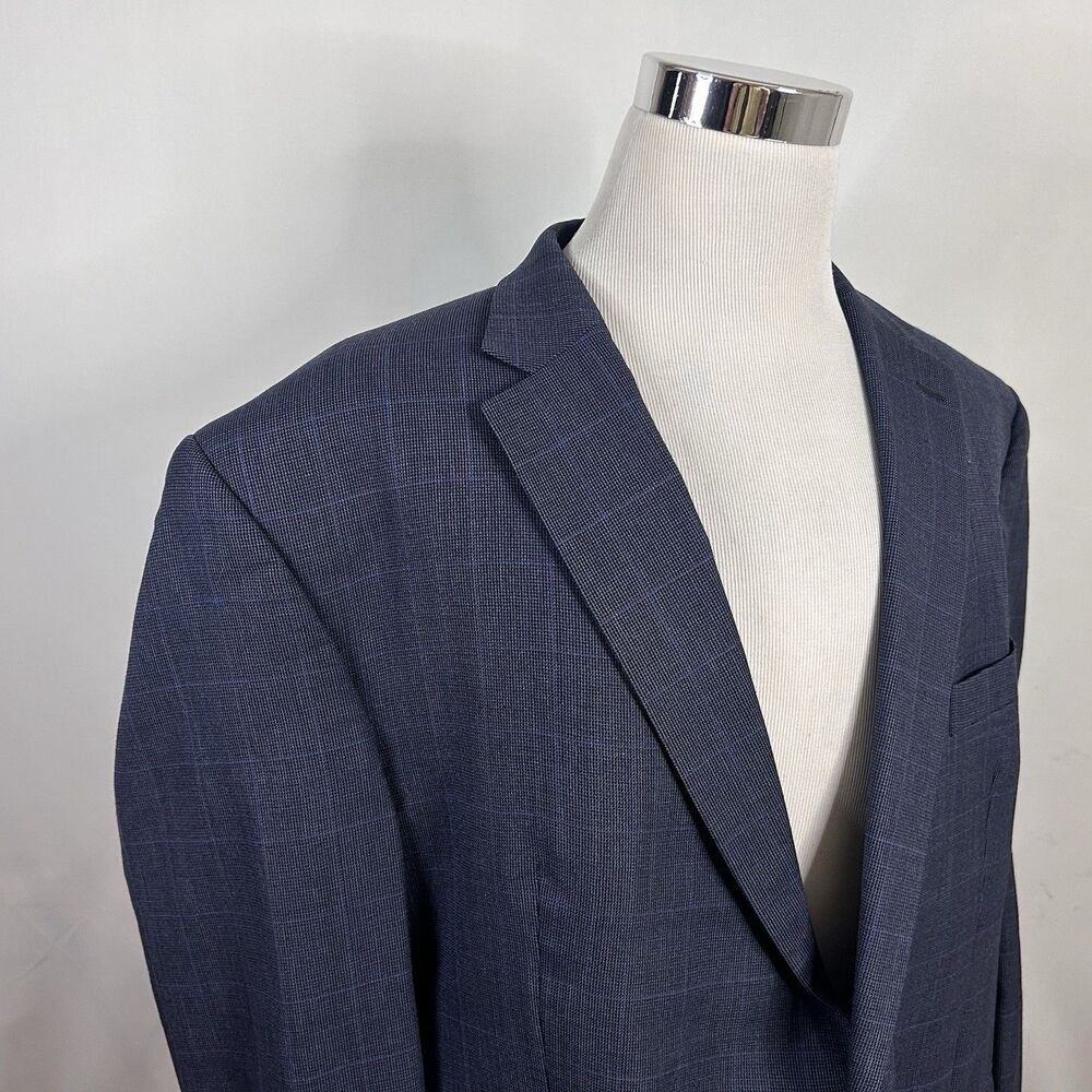 Chaps 52R Sport Coat 100% Wool Blue Plaid Two Button Lined Vented